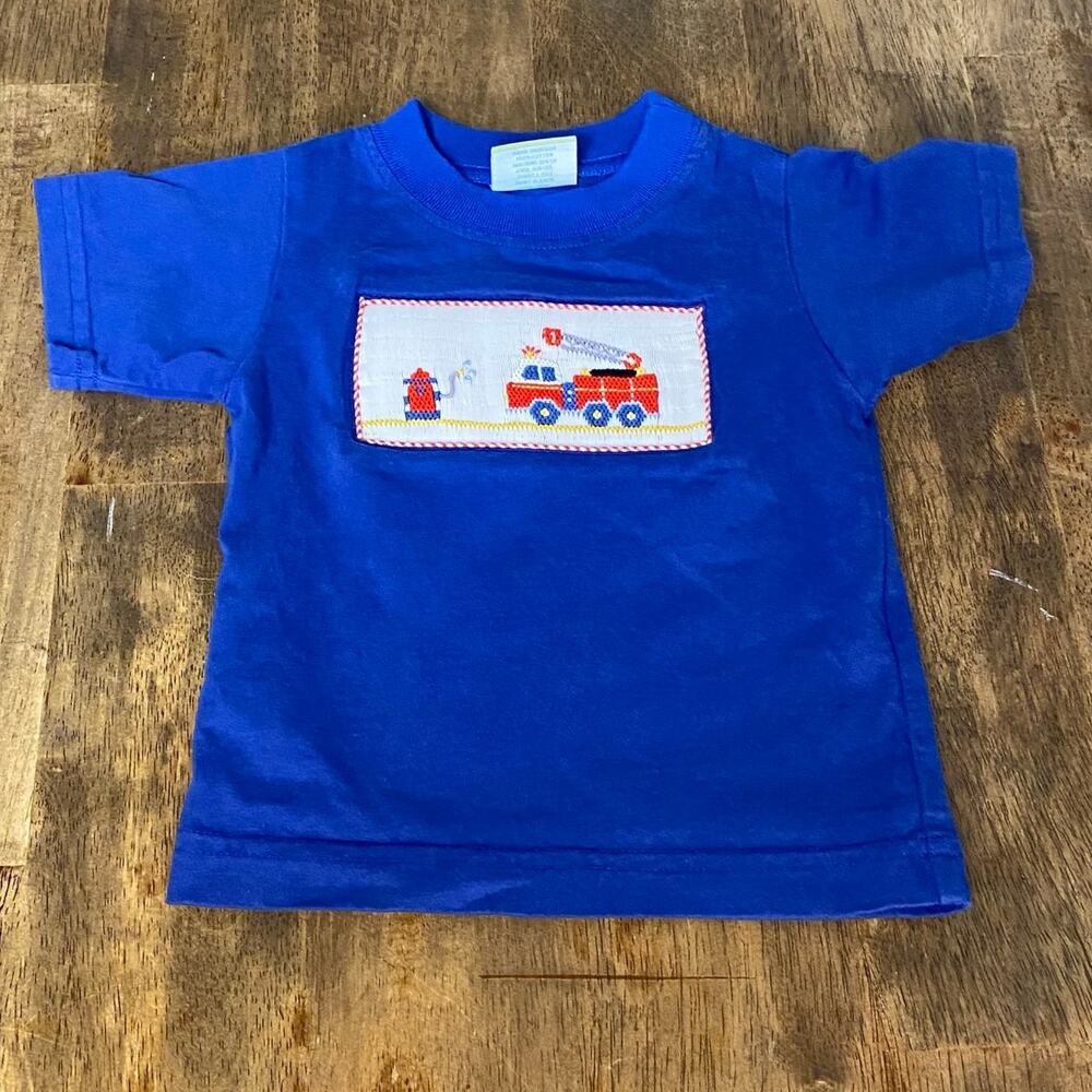 Velani Classics blue firetruck fire short sleeve‎ smocked boys shirt SIZE 18M